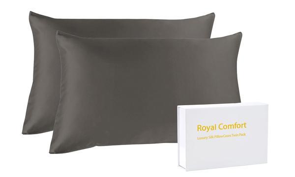 Brand New Royal Comfort Mulberry Silk Pillow Case Twin Pack - Charcoal